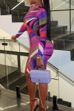 Colour Sexy Print Contrast O Neck Wrapped Skirt Dresses