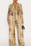 Light Brown Casual Print Cross Straps V Neck Long Sleeve Two Pieces