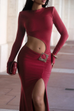 Burgundy Sexy Solid Color Hollow Out High Slit O Neck Evening Dresses