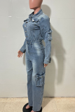 Blue Casual Solid Color Buckle Turndown Collar Long Sleeve Loose Denim Jumpsuits