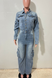 Blue Casual Solid Color Buckle Turndown Collar Long Sleeve Loose Denim Jumpsuits