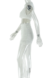 White Sexy Solid Color Hollow Out O Neck Wrapped Skirt Dresses