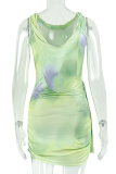 Light Yellow Sexy Print Ruched O Neck Wrapped Skirt Dresses