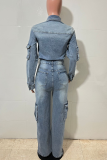 Blue Casual Solid Color Buckle Turndown Collar Long Sleeve Loose Denim Jumpsuits