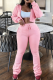 Pink Casual Solid Color Draw String Hooded Long Sleeve Two Pieces