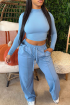 Blue Casual Solid Color Draw String O Neck Long Sleeve Two Pieces