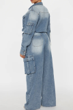Blue Casual Solid Color Buckle Turndown Collar Long Sleeve Loose Denim Jumpsuits