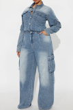 Blue Casual Solid Color Buckle Turndown Collar Long Sleeve Loose Denim Jumpsuits