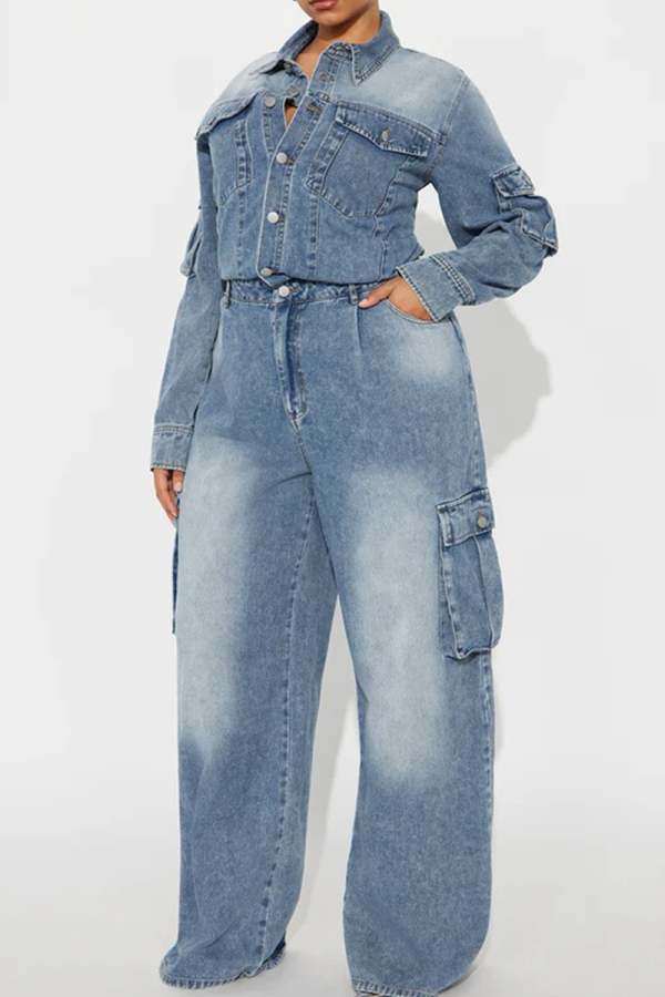 Blue Casual Solid Color Buckle Turndown Collar Long Sleeve Loose Denim Jumpsuits