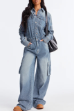 Blue Casual Solid Color Buckle Turndown Collar Long Sleeve Loose Denim Jumpsuits
