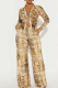 Light Brown Casual Print Cross Straps V Neck Long Sleeve Two Pieces