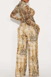 Light Brown Casual Print Cross Straps V Neck Long Sleeve Two Pieces