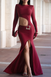 Burgundy Sexy Solid Color Hollow Out High Slit O Neck Evening Dresses