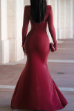 Burgundy Sexy Solid Color Hollow Out High Slit O Neck Evening Dresses