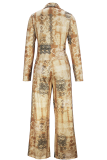 Light Brown Casual Print Cross Straps V Neck Long Sleeve Two Pieces