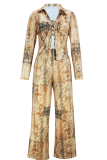 Light Brown Casual Print Cross Straps V Neck Long Sleeve Two Pieces