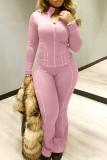 Pink Casual Solid Color Zipper Zipper Collar Long Sleeve Two Pieces