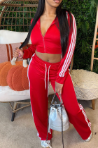 Red Casual Stripe Contrast Hooded Long Sleeve Two Pieces