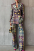 Rose Red Blue Casual Plaid Buckle Turn-back Collar Long Sleeve Two Pieces