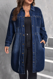 Deep Blue Casual Solid Color Draw String Buckle Turndown Collar Plus Size Overcoat