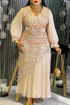 Champagne Elegant Solid Color Sequins O Neck Long Plus Size Dresses