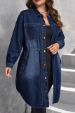 Deep Blue Casual Solid Color Draw String Buckle Turndown Collar Plus Size Overcoat