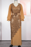 Champagne Elegant Solid Color Sequins O Neck Long Plus Size Dresses