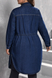 Deep Blue Casual Solid Color Draw String Buckle Turndown Collar Plus Size Overcoat