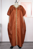 Coffee Elegant Solid Color Contrast V Neck Long Dresses