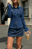 Deep Blue Casual Solid Color Buckle Turndown Collar Tops