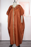 Coffee Elegant Solid Color Contrast V Neck Long Dresses