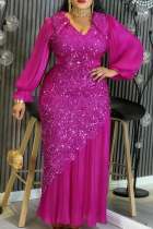 Rose Red Elegant Solid Color Sequins O Neck Long Plus Size Dresses