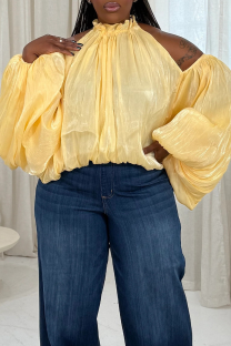 Yellow Casual Solid Color Hollow Out Mandarin Collar Plus Size Tops