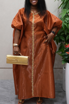 Coffee Elegant Solid Color Contrast V Neck Long Dresses