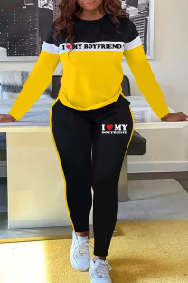 Yellow Casual Print Contrast O Neck Long Sleeve Two Pieces