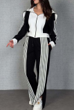 Red Casual Stripe Contrast Zipper Collar Long Sleeve Two Pieces