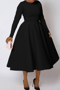 Black Elegant Solid Color Zipper O Neck A Line Plus Size Dresses