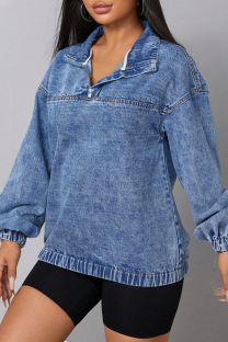 Blue Casual Solid Color Patchwork Turndown Collar Tops