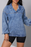 Blue Casual Solid Color Patchwork Turndown Collar Tops