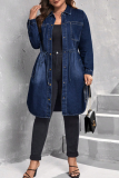 Deep Blue Casual Solid Color Draw String Buckle Turndown Collar Plus Size Overcoat