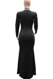 Black Elegant Solid Color Hot Drill Turtleneck Long Dresses