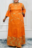Orange Casual Jacquard Zipper O Neck Long Plus Size Dresses