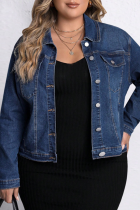 Deep Blue Casual Solid Color Buckle Turndown Collar Plus Size Overcoat