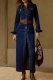 Deep Blue Casual Solid Color Buckle Turndown Collar Long Sleeve Straight Denim Dresses