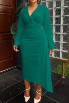 Green Casual Solid Color Buttons Turndown Collar Irregular Plus Size Dresses