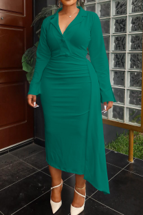 Green Casual Solid Color Buttons Turndown Collar Irregular Plus Size Dresses