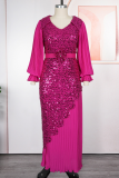 Champagne Elegant Solid Color Sequins O Neck Long Plus Size Dresses