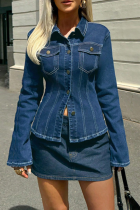 Deep Blue Casual Solid Color Buckle Turndown Collar Tops
