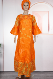 Orange Casual Jacquard Zipper O Neck Long Plus Size Dresses