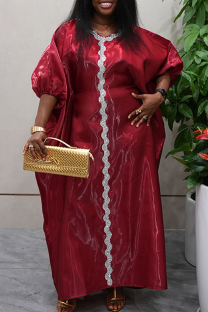 Red Elegant Solid Color Contrast V Neck Long Dresses